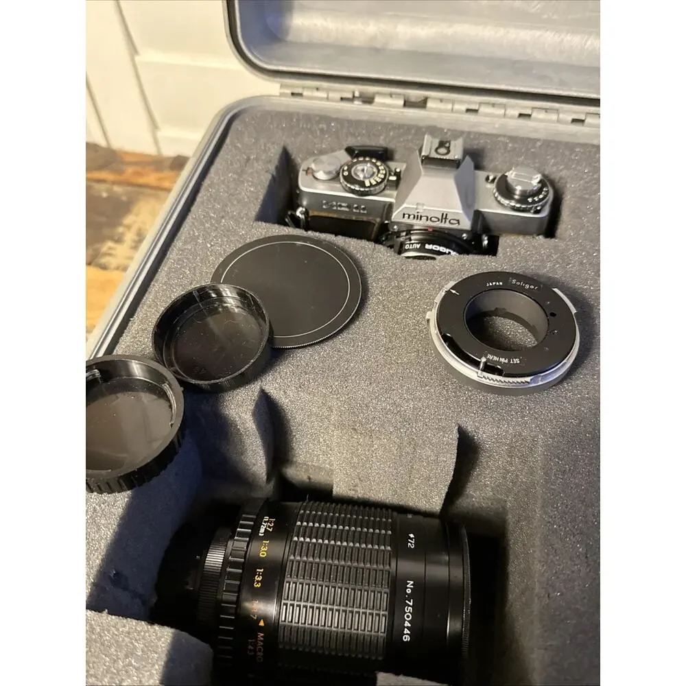 Minolta XD11 35mm SLR Film Camera Kit w/ Lenses, Auto Winder D, Case - Untested